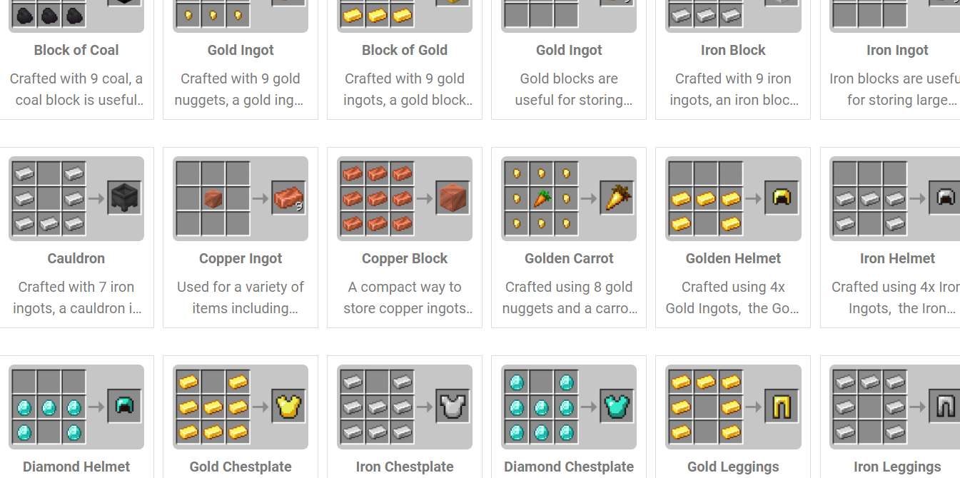 Minecraft crafting recipe search and filtering tool